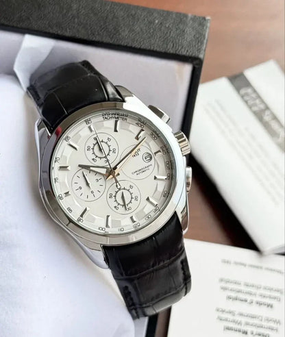 Tissot Chronograph Silver Bezel Black Leather Strap Watch For Men
