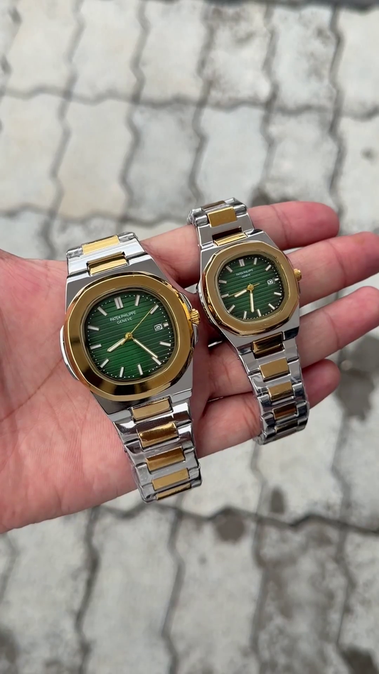 Patek Philippe Green Dial Two-Tone Gold Stainless Steel Nautilus Couple Watch